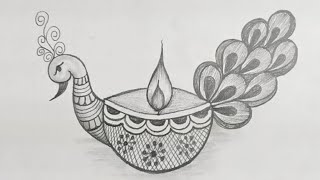 Diwali Diya Drawing Easy  How to Draw Beautiful Diya For Diwali  Peacock Diya Drawing [upl. by Einnhoj]