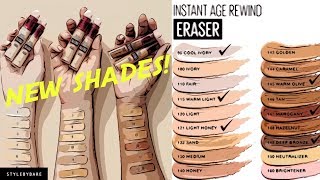 6 NEW SHADES MAYBELLINE INSTANT AGE REWIND ERASER MULTIUSE CONCEALER SUMMER 2019 [upl. by Adniles]