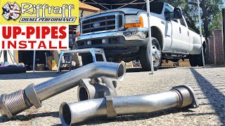 2001 F350 73  RiffRaff UpPipes Install  Stock up pipes leaking and falling apart JUNK SP [upl. by Yasmar789]