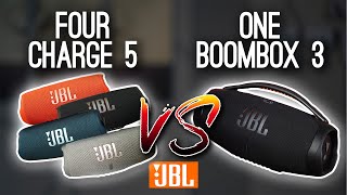 JBL Boombox 3 vs FOUR JBL Charge 5 Connected wPartyBoost  New Stuff TV [upl. by Diann805]